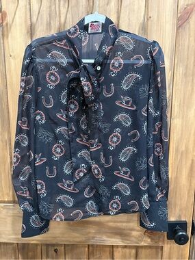 Howdy Hanny Sheer Black Blouse with Cream & Rust Western Prints